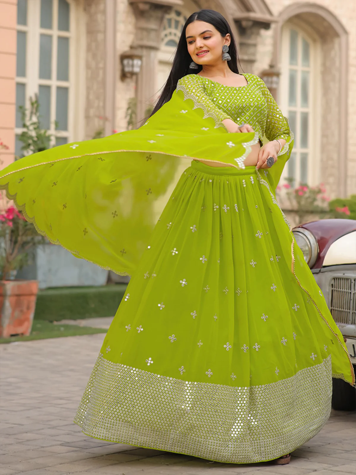 Odette Green Georgette Embellished Semi Stitched Lehenga With Unstitched Blouse For Women - Image 4