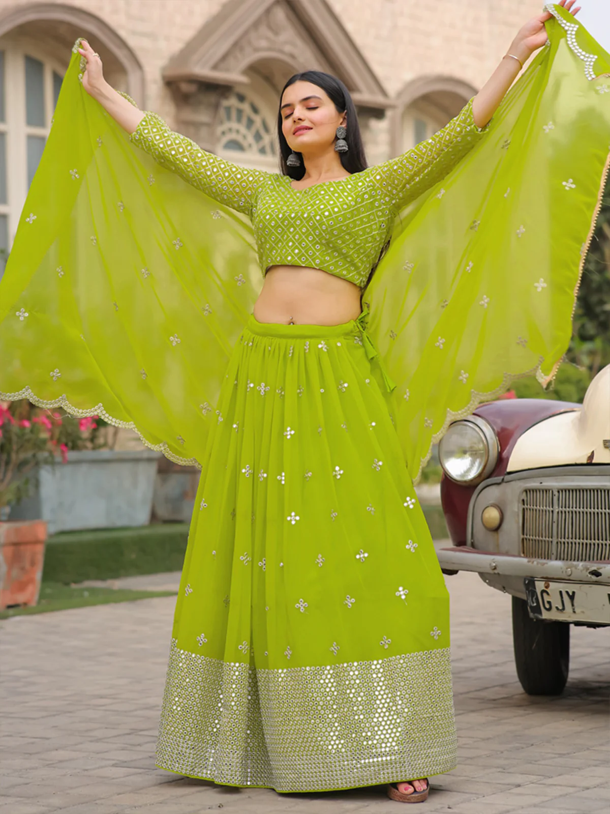 Odette Green Georgette Embellished Semi Stitched Lehenga With Unstitched Blouse For Women - Image 6