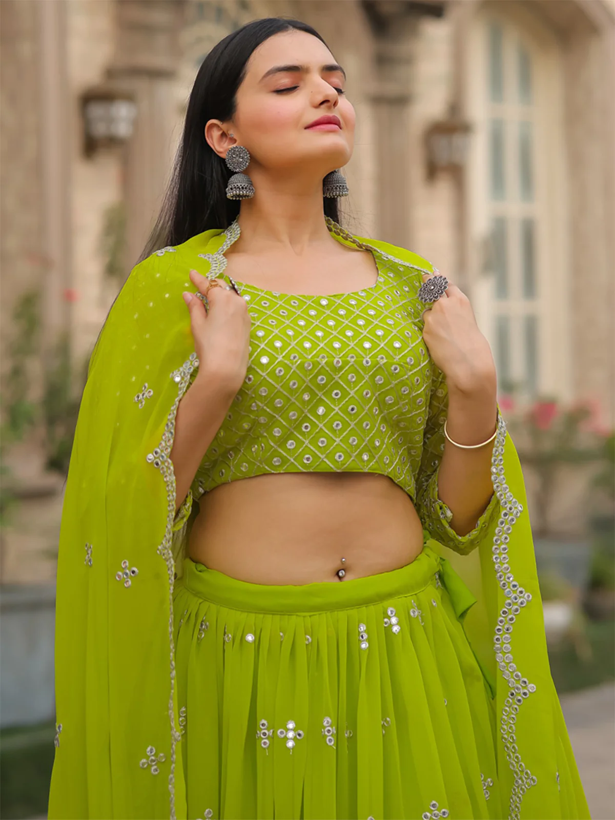 Odette Green Georgette Embellished Semi Stitched Lehenga With Unstitched Blouse For Women - Image 8