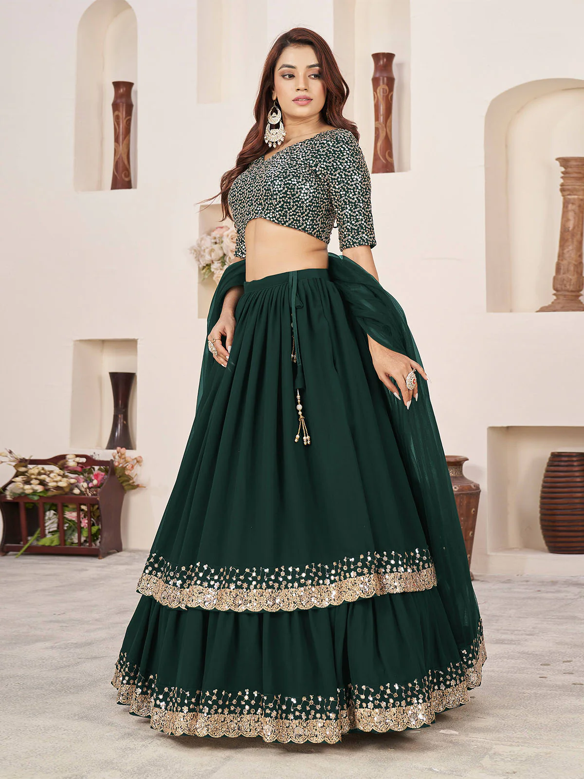 Odette Green Georgette Embellished Semi Stitched Lehenga With Unstitched Blouse For Women - Image 2