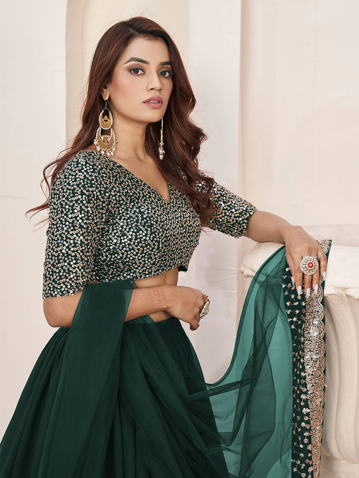 Odette Green Georgette Embellished Semi Stitched Lehenga With Unstitched Blouse For Women - Image 4