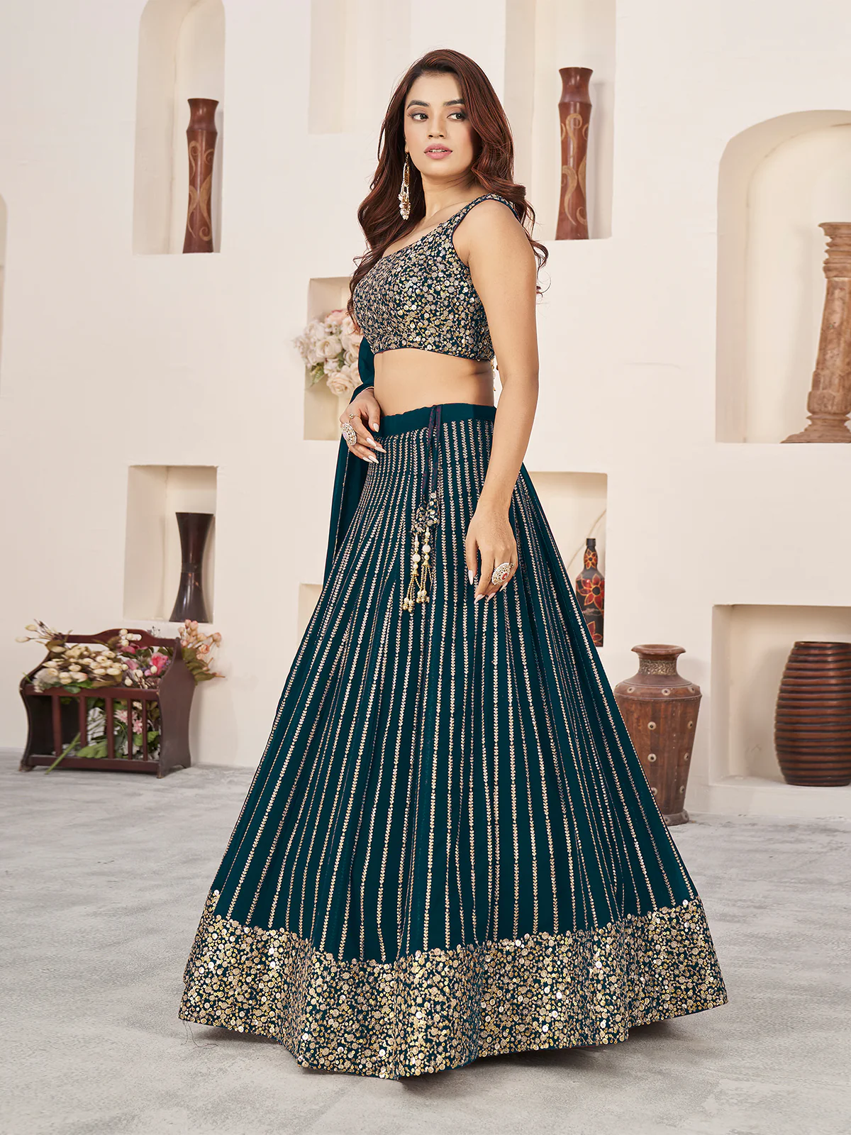 Odette Green Georgette Embellished Semi Stitched Lehenga With Unstitched Blouse For Women - Image 2