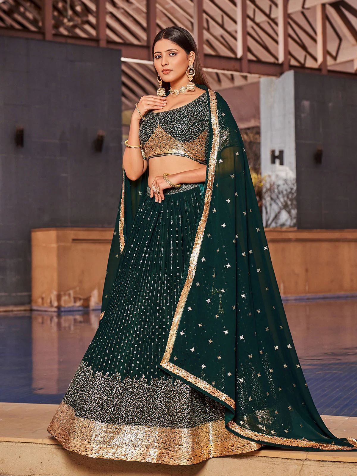 Odette Green Georgette Embellished Semi Stitched Lehenga With Unstitched Blouse For Women - Image 2