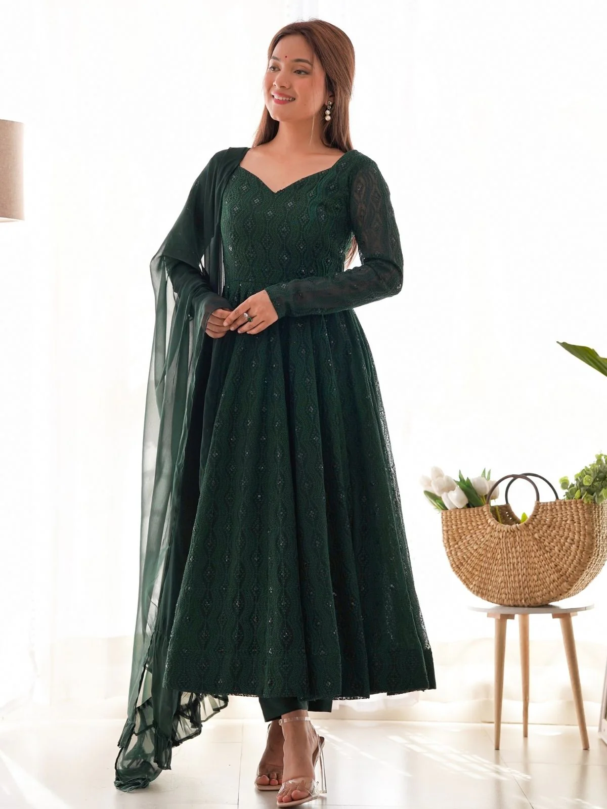 Odette Green Georgette Embellished Stitched Kurta Set For Women - Image 2
