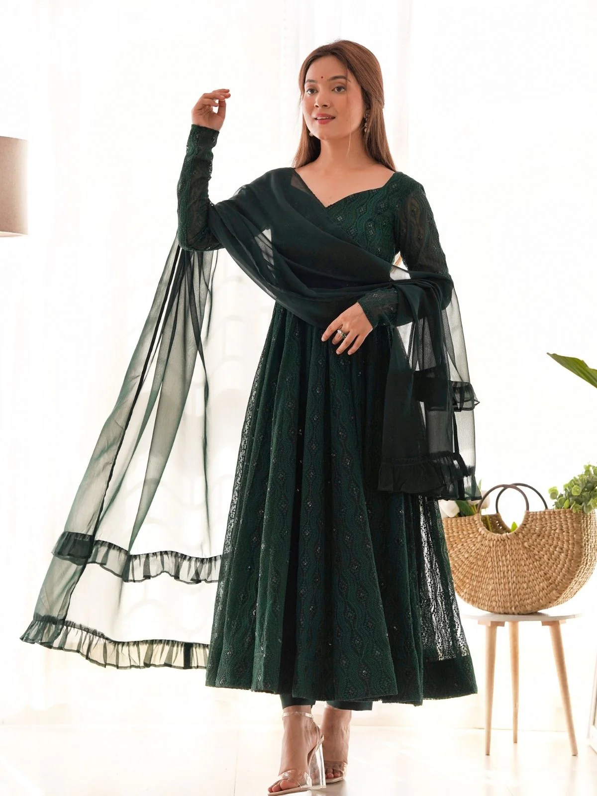 Odette Green Georgette Embellished Stitched Kurta Set For Women - Image 3
