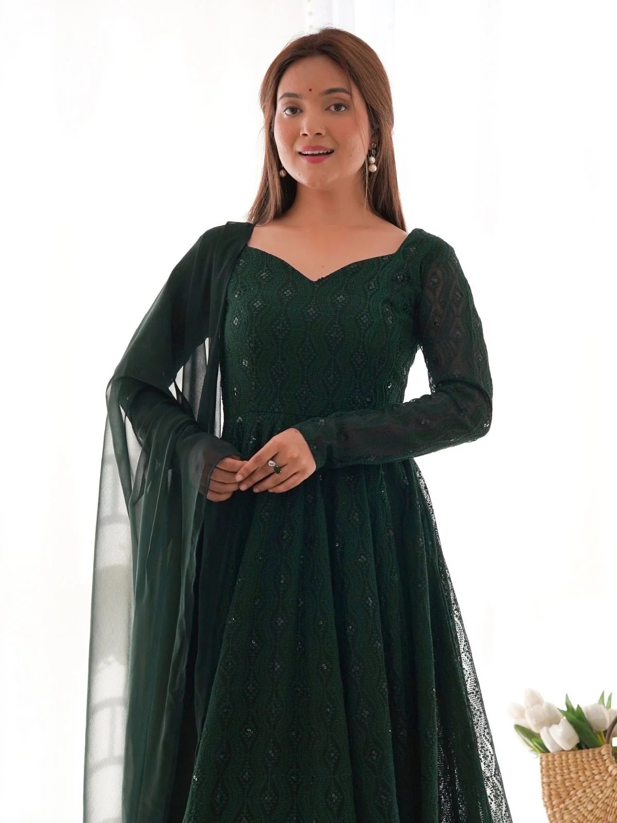 Odette Green Georgette Embellished Stitched Kurta Set For Women - Image 4