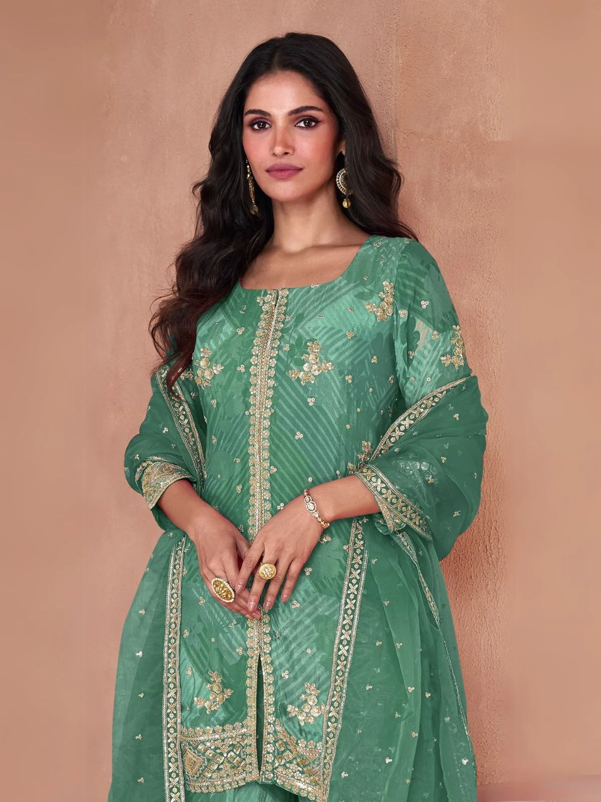 Odette Green Georgette Embellished Stitched Kurta Set For Women - Image 2