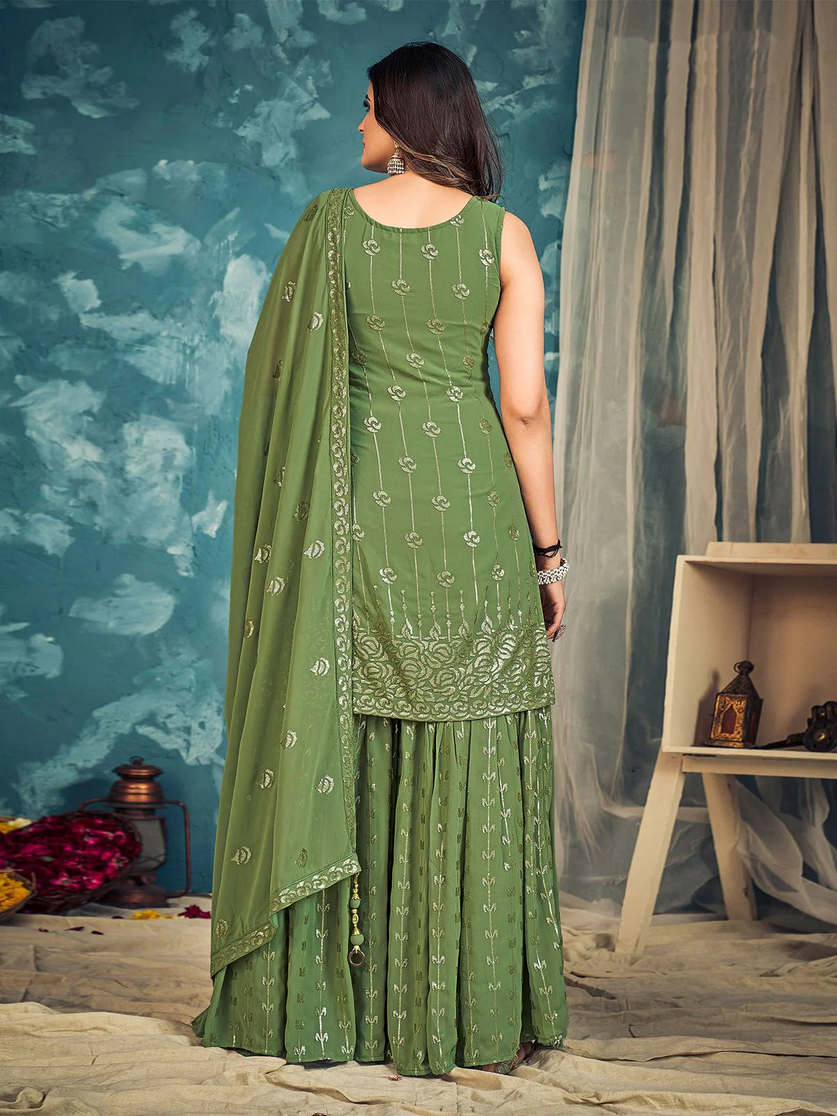 Odette Green Georgette Embellished Stitched Salwar Suit Set For Women - Image 4