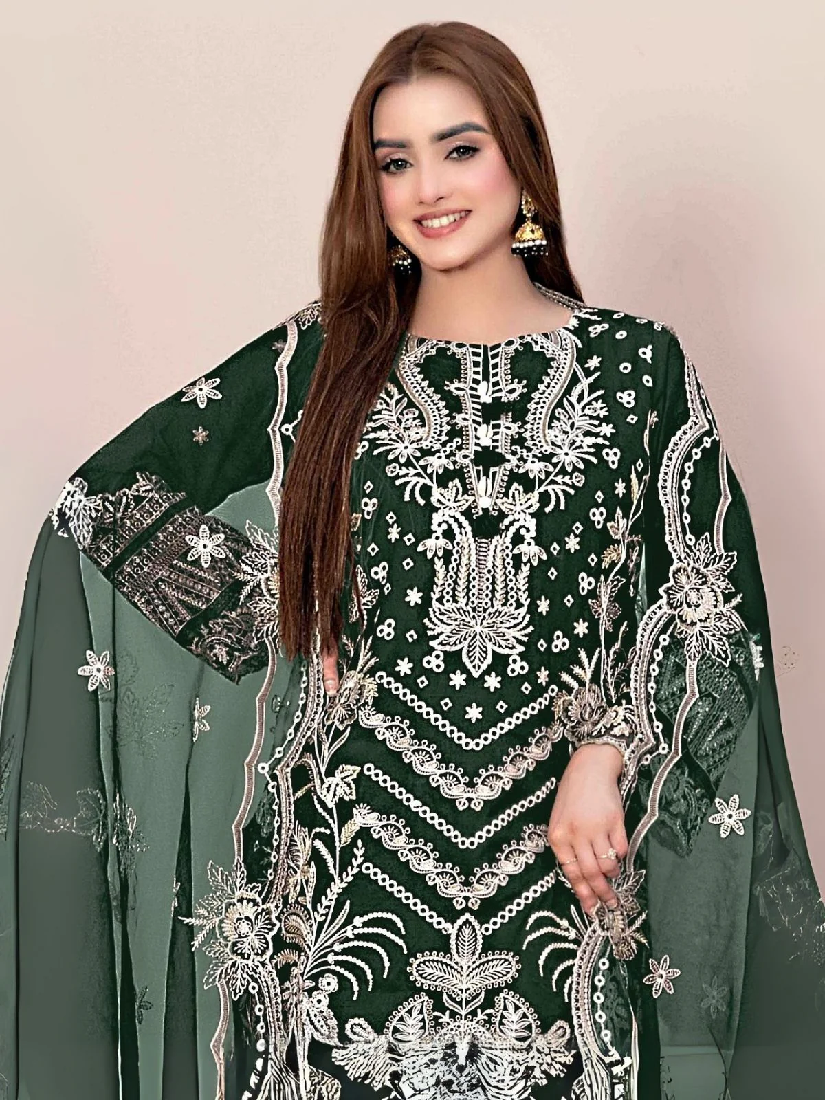 Odette Green Georgette Embroidered & Cutwork Semi-Sitched Kurta Set For Women - Image 2
