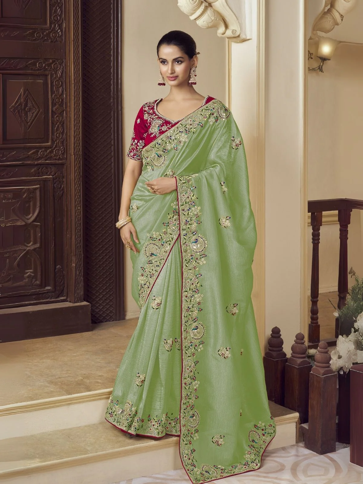 Odette Green Georgette Embroidered Elegant Saree For Women