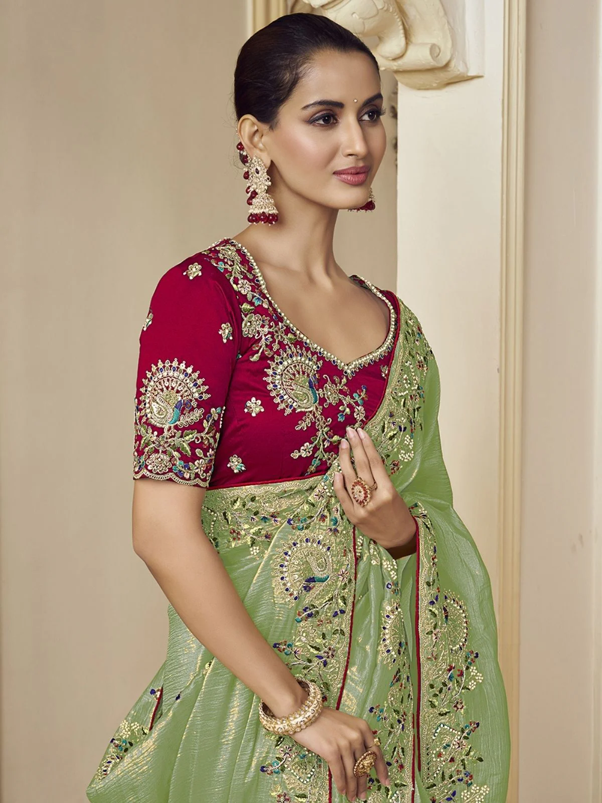 Odette Green Georgette Embroidered Elegant Saree For Women - Image 2