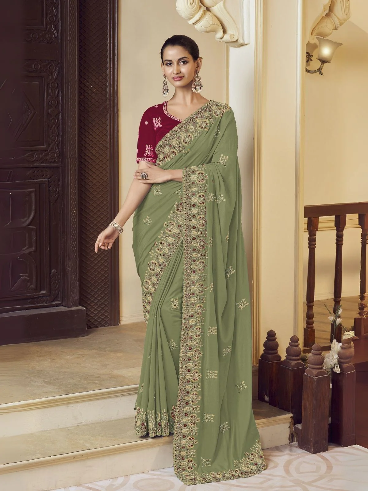 Odette Green Georgette Embroidered Elegant Saree For Women