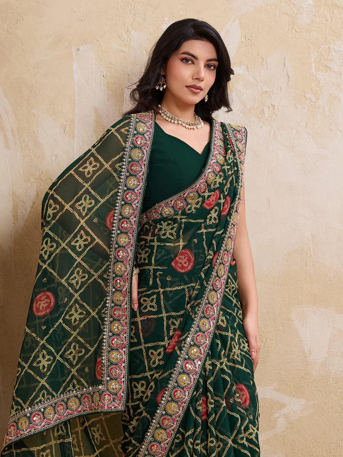 Odette Green Georgette Embroidered Saree For Women - Image 4