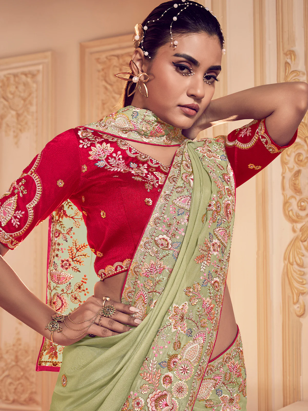 Odette Green Georgette Embroidered Saree With Unstitched Blouse For Women - Image 2