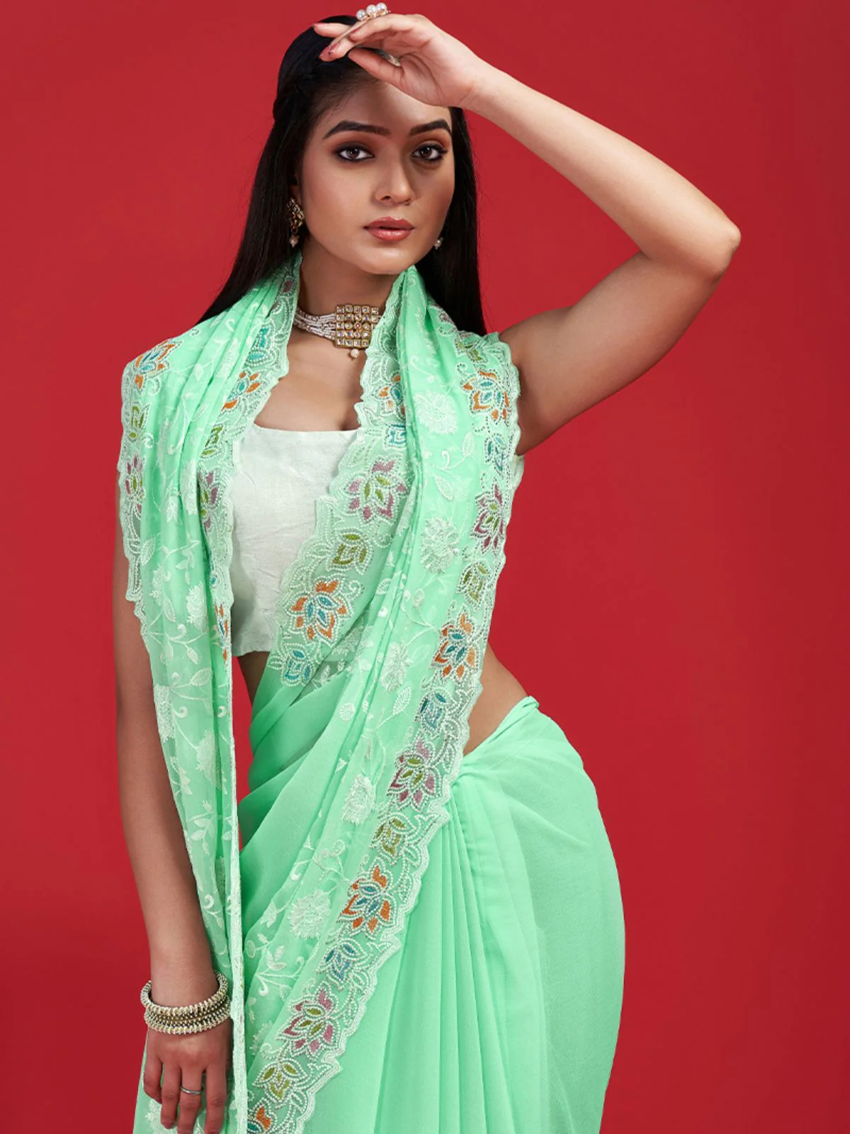 Odette Green Georgette Embroidered Saree with Unstitched Blouse for Women - Image 3