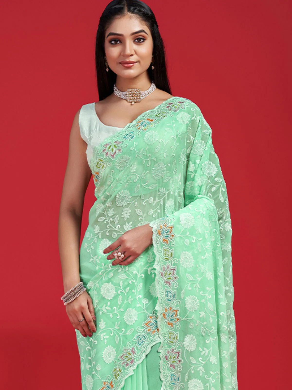 Odette Green Georgette Embroidered Saree with Unstitched Blouse for Women - Image 4