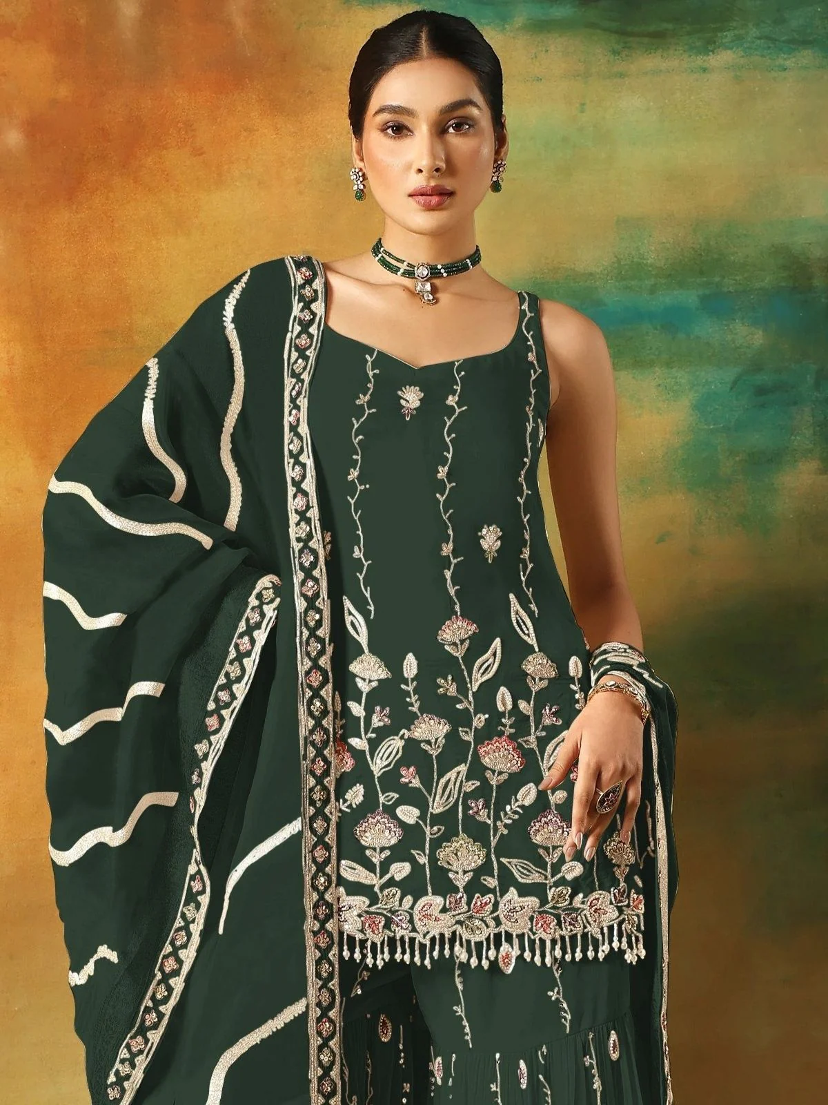Odette Green Georgette Embroidered Semi-Sitched Kurta Set For Women - Image 2