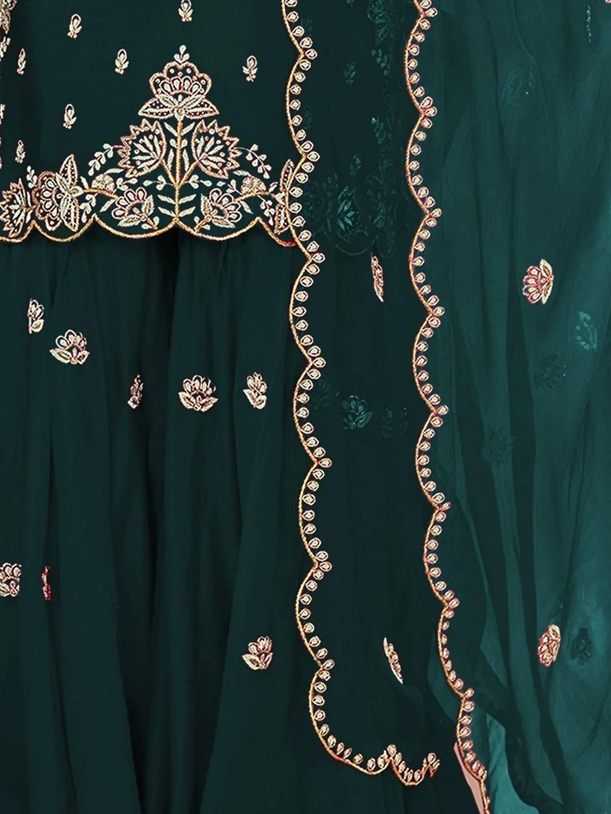 Odette Green Georgette Embroidered Semi-Sitched Kurta Set For Women - Image 3