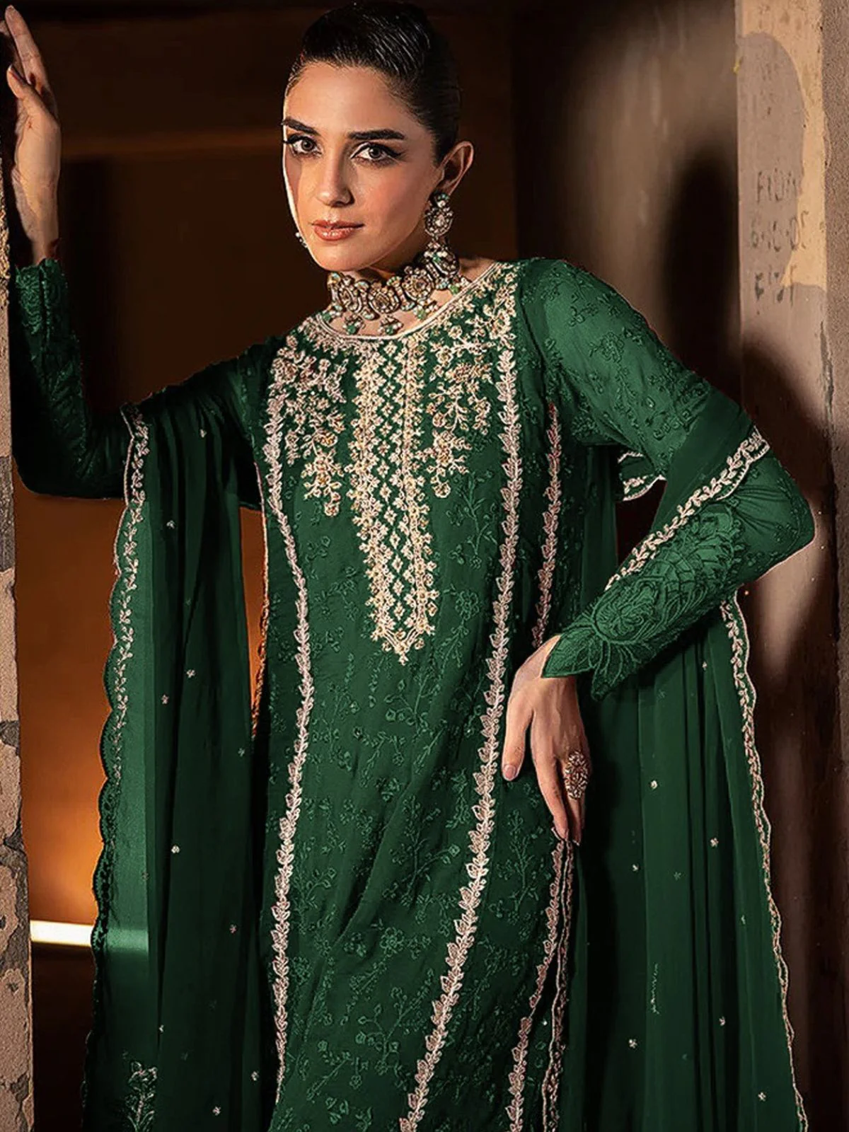 Odette Green Georgette Embroidered Semi-Stitched Kurta Set For Women - Image 2
