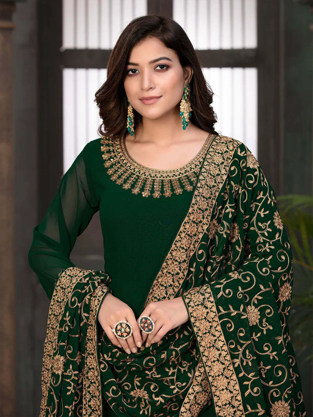 Odette Green Georgette Embroidered Semi stitched Kurta Set with Inner For Women - Image 3