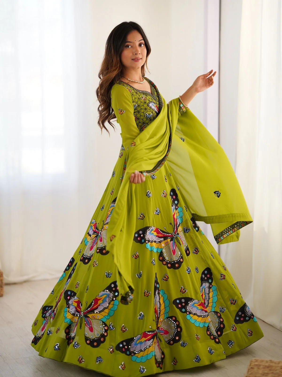 Odette Green Georgette Embroidered Semi-Stitched lehenga For Women - Image 2