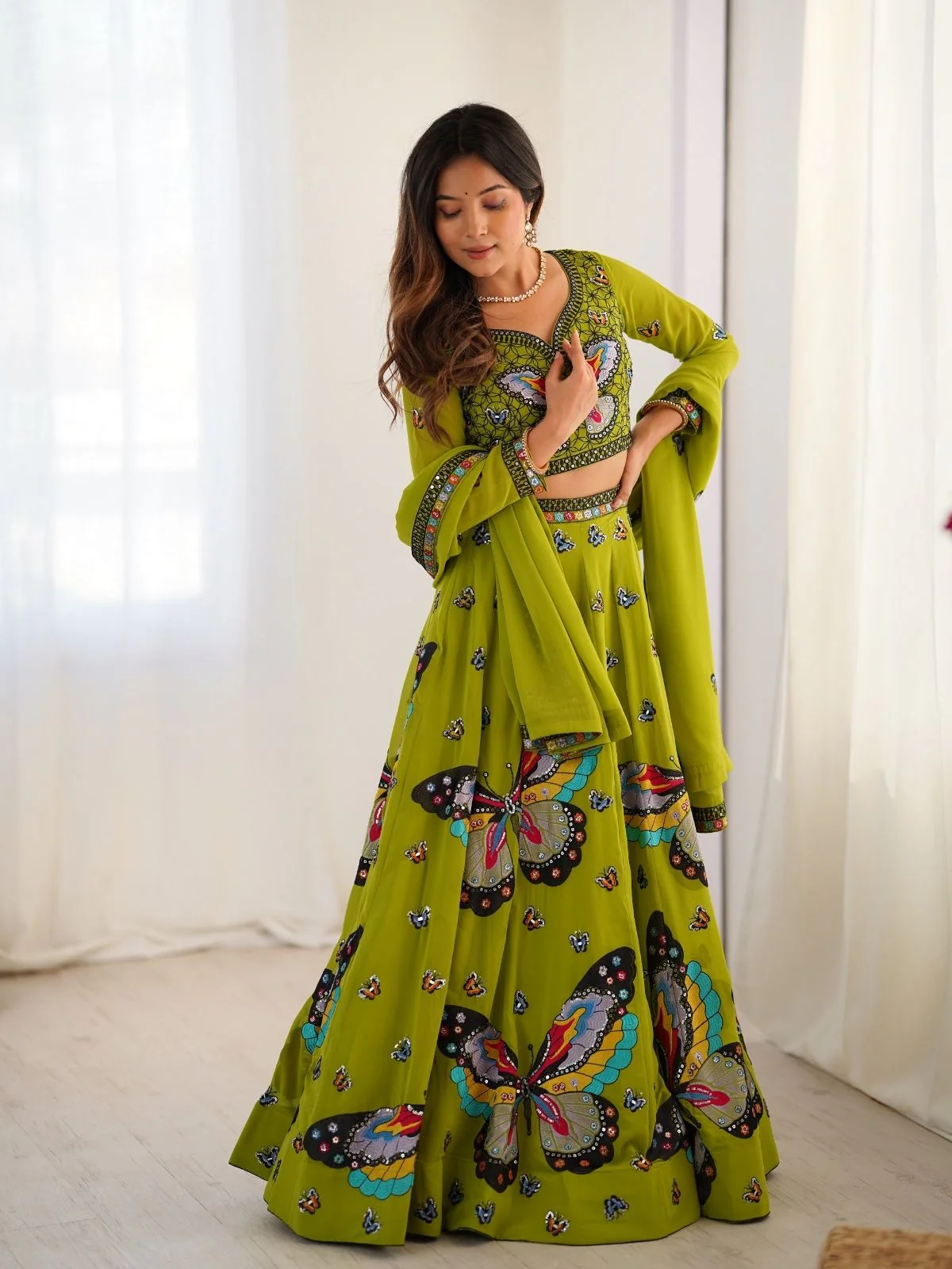 Odette Green Georgette Embroidered Semi-Stitched lehenga For Women - Image 4