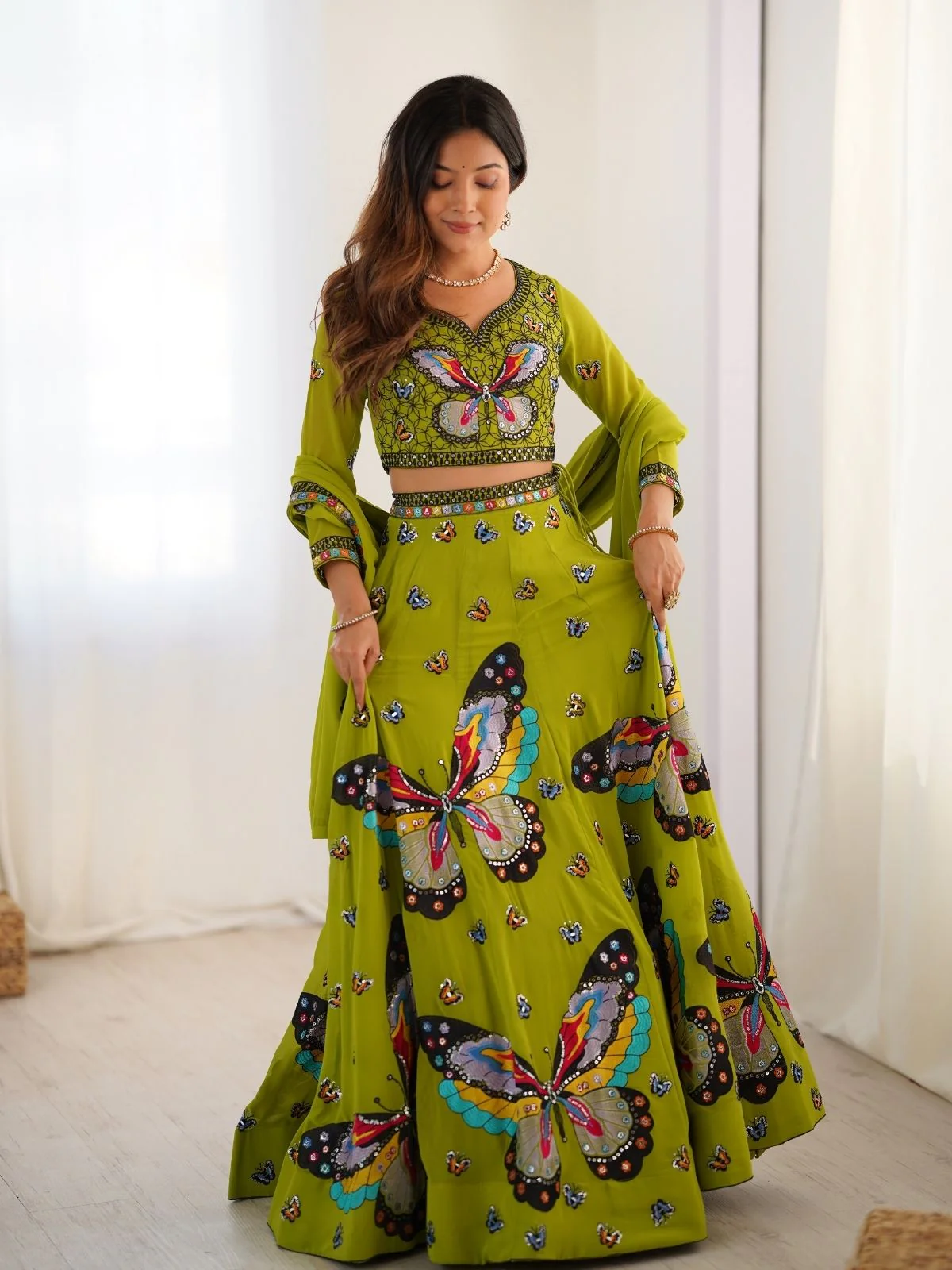 Odette Green Georgette Embroidered Semi-Stitched lehenga For Women - Image 8