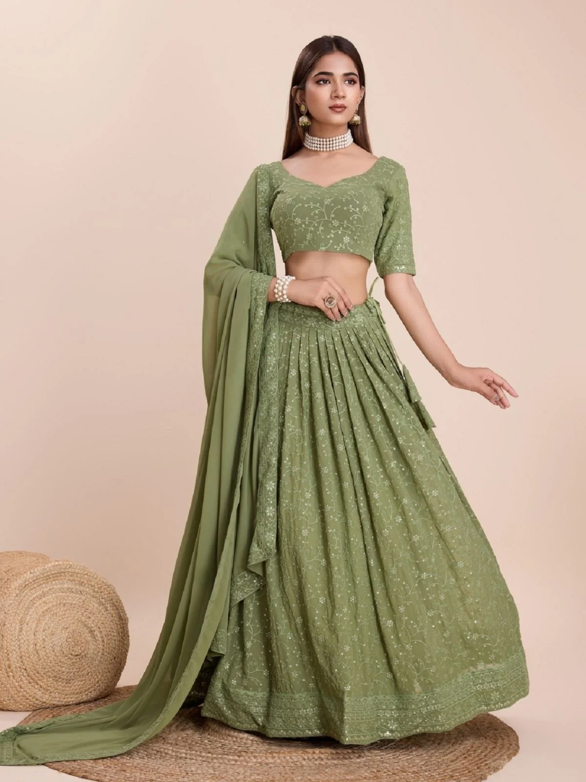 Odette Green Georgette Embroidered Semi-Stitched Lehenga For Women