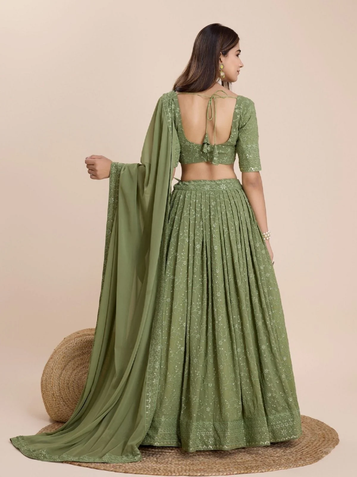 Odette Green Georgette Embroidered Semi-Stitched Lehenga For Women - Image 2