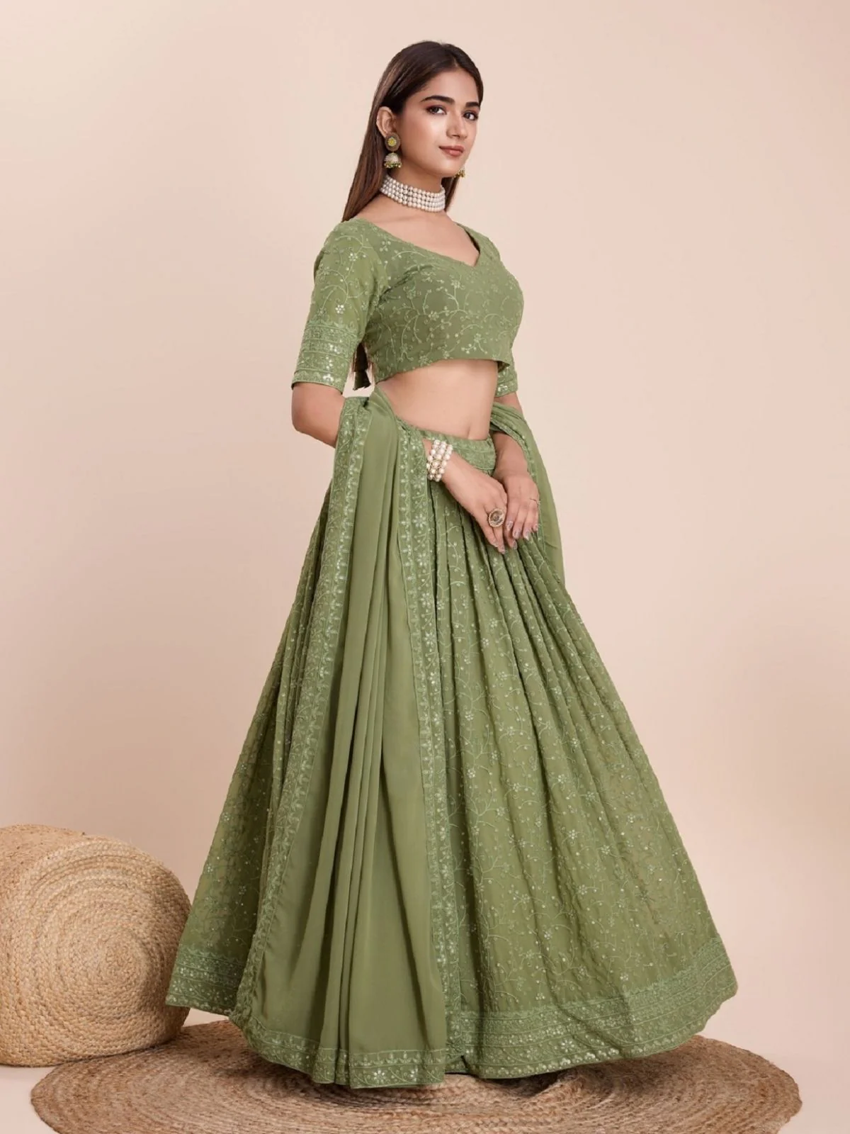Odette Green Georgette Embroidered Semi-Stitched Lehenga For Women - Image 3
