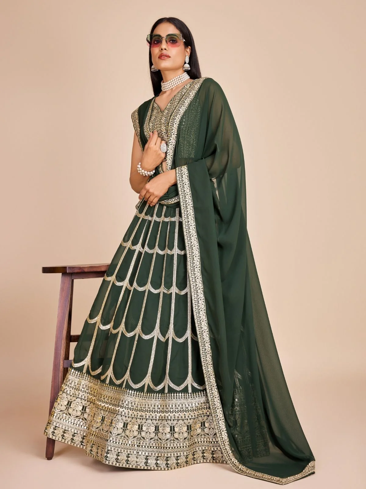 Odette Green Georgette Embroidered Semi-Stitched Lehenga For Women - Image 3