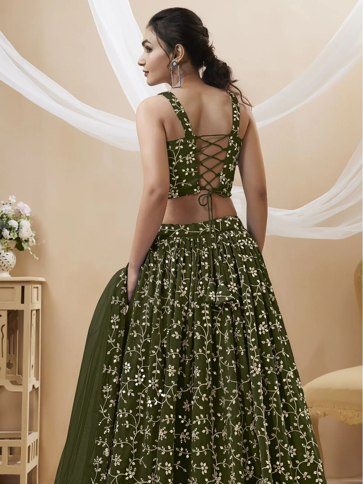 Odette Green Georgette Embroidered Semi-Stitched Lehenga For Women - Image 2