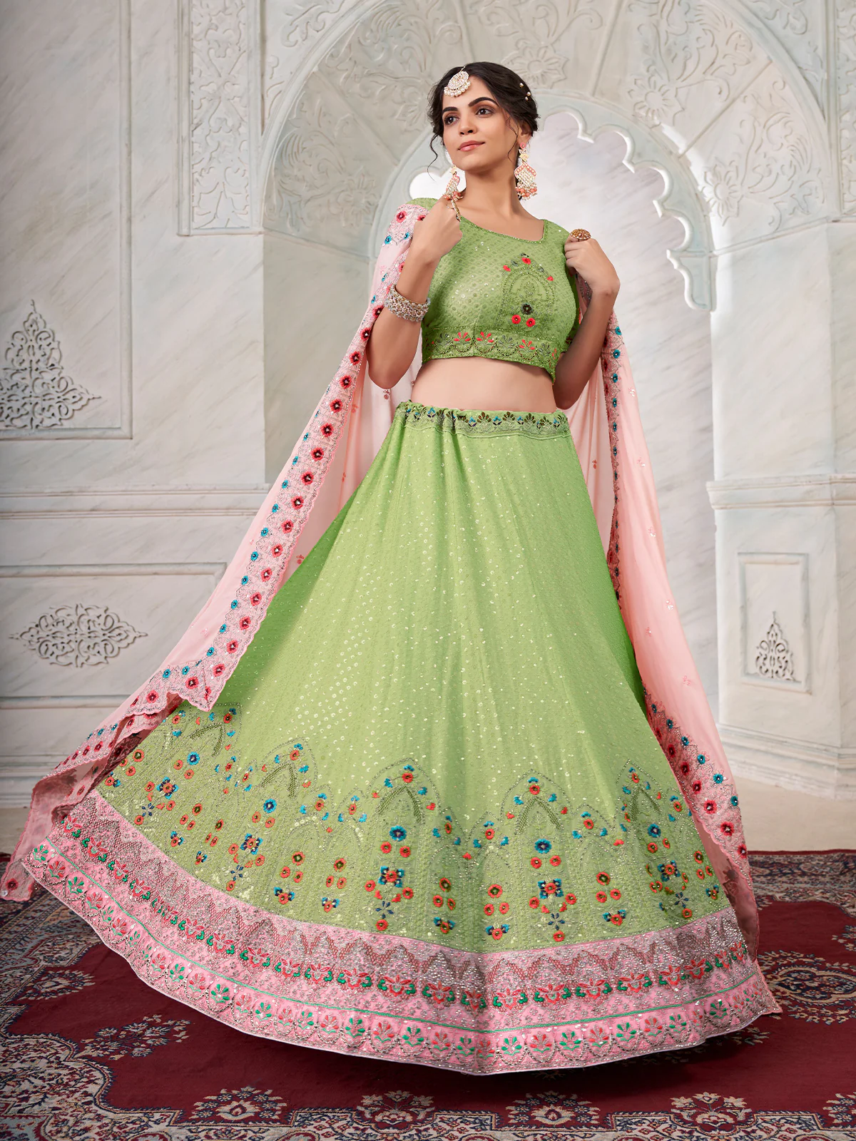 Odette Green Georgette Embroidered Semi Stitched Lehenga With Unstitched Blouse for Women - Image 3