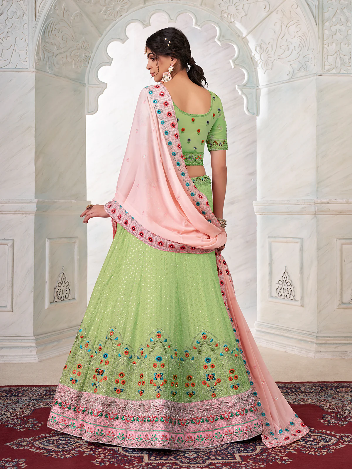 Odette Green Georgette Embroidered Semi Stitched Lehenga With Unstitched Blouse for Women - Image 4