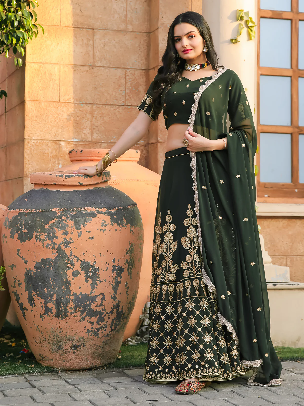 Odette Green Georgette Embroidered Semi Stitched Lehenga With Unstitched Blouse For Women - Image 2