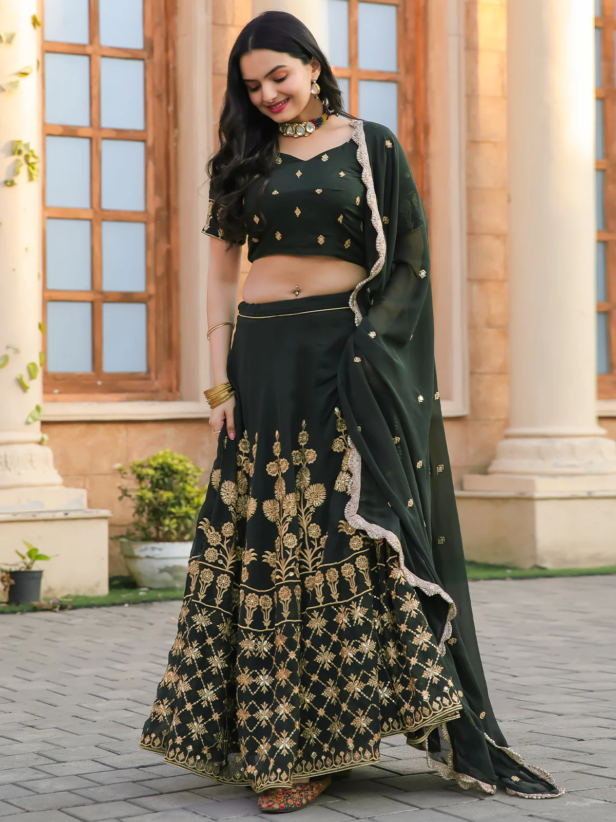 Odette Green Georgette Embroidered Semi Stitched Lehenga With Unstitched Blouse For Women - Image 3