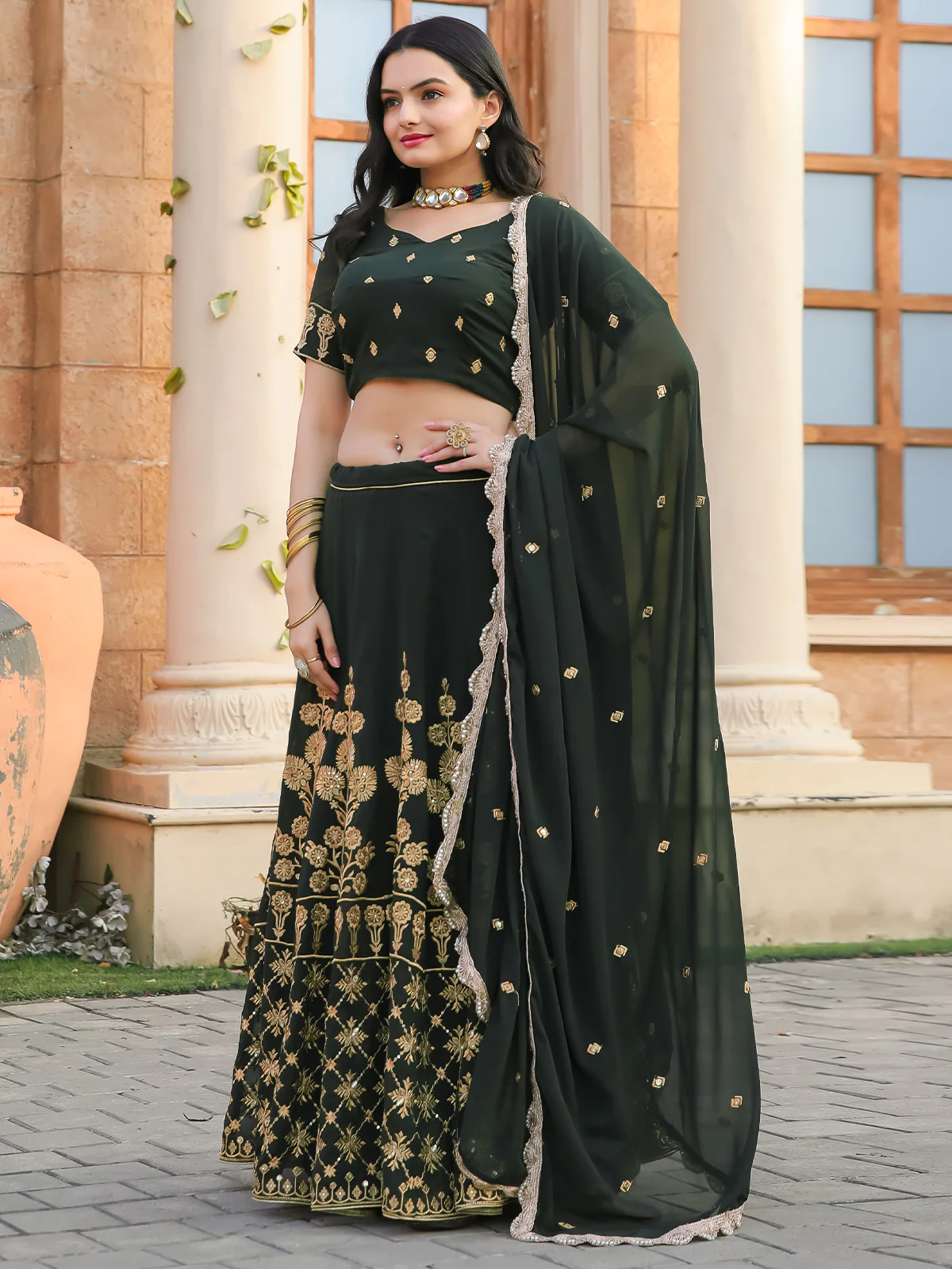 Odette Green Georgette Embroidered Semi Stitched Lehenga With Unstitched Blouse For Women - Image 4