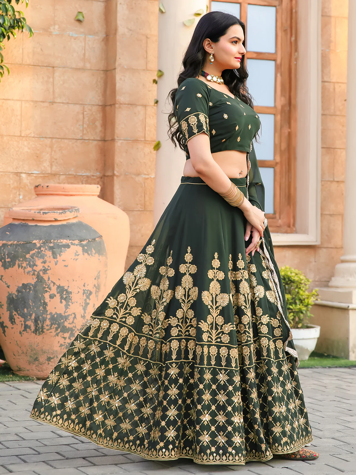 Odette Green Georgette Embroidered Semi Stitched Lehenga With Unstitched Blouse For Women - Image 5