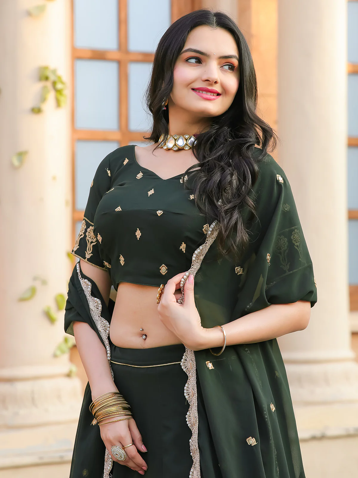 Odette Green Georgette Embroidered Semi Stitched Lehenga With Unstitched Blouse For Women - Image 7