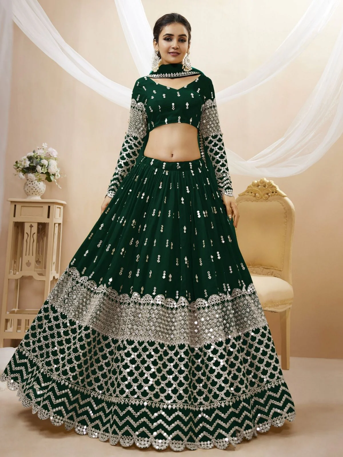 Odette Green Georgette Embroidered Semi Stitched Lehenga With Unstitched Blouse For Women - Image 2