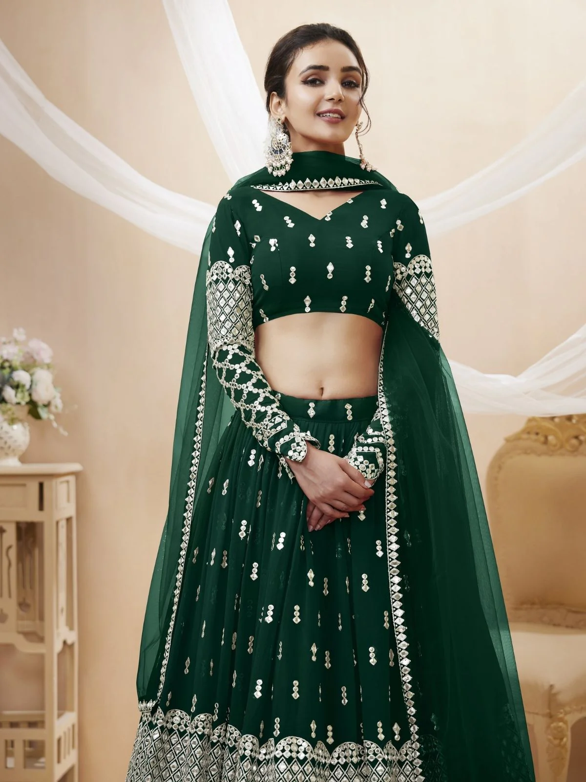 Odette Green Georgette Embroidered Semi Stitched Lehenga With Unstitched Blouse For Women - Image 4