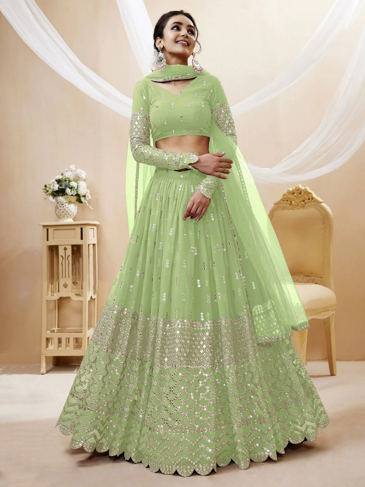 Odette Green Georgette Embroidered Semi Stitched Lehenga With Unstitched Blouse For Women - Image 2