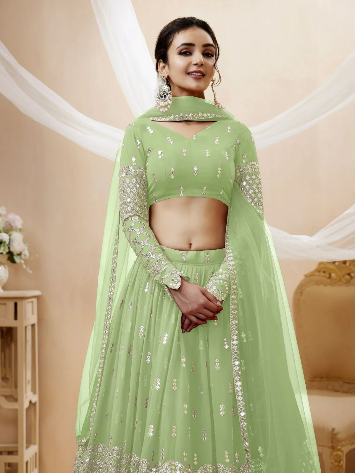 Odette Green Georgette Embroidered Semi Stitched Lehenga With Unstitched Blouse For Women - Image 4