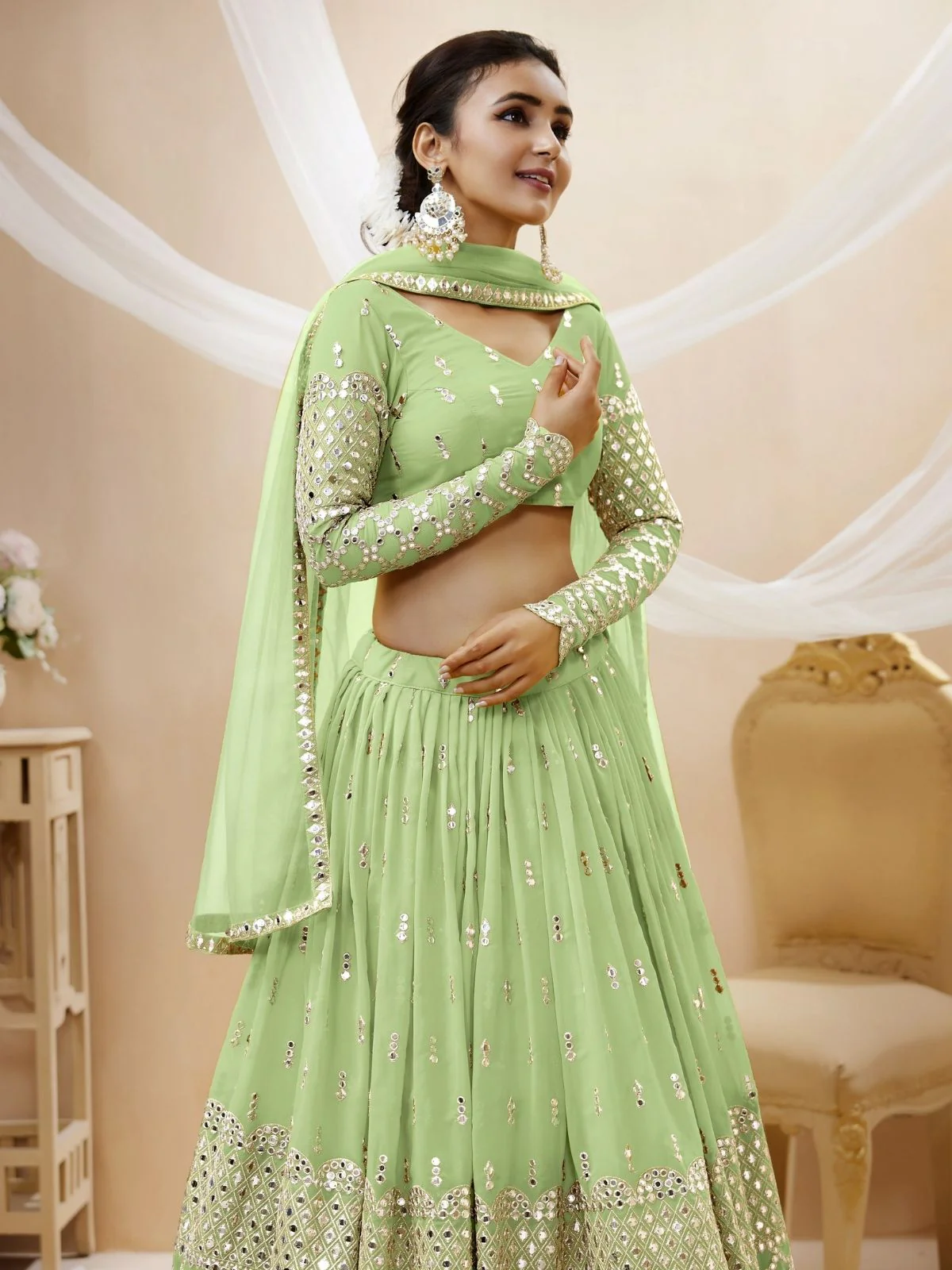 Odette Green Georgette Embroidered Semi Stitched Lehenga With Unstitched Blouse For Women - Image 5