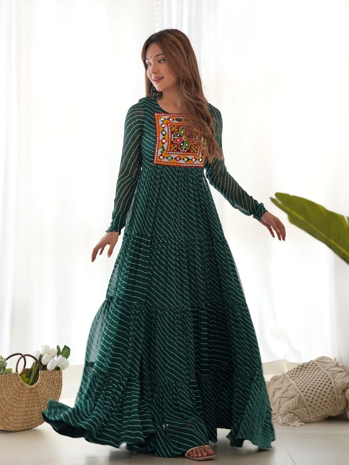 Odette Green Georgette Embroidered Stitched Gown For Women
