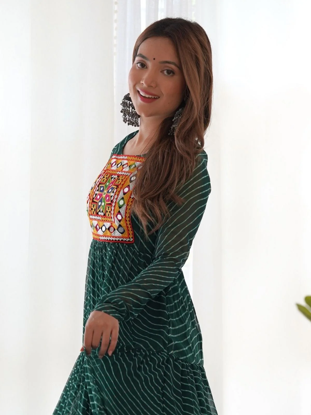 Odette Green Georgette Embroidered Stitched Gown For Women - Image 4
