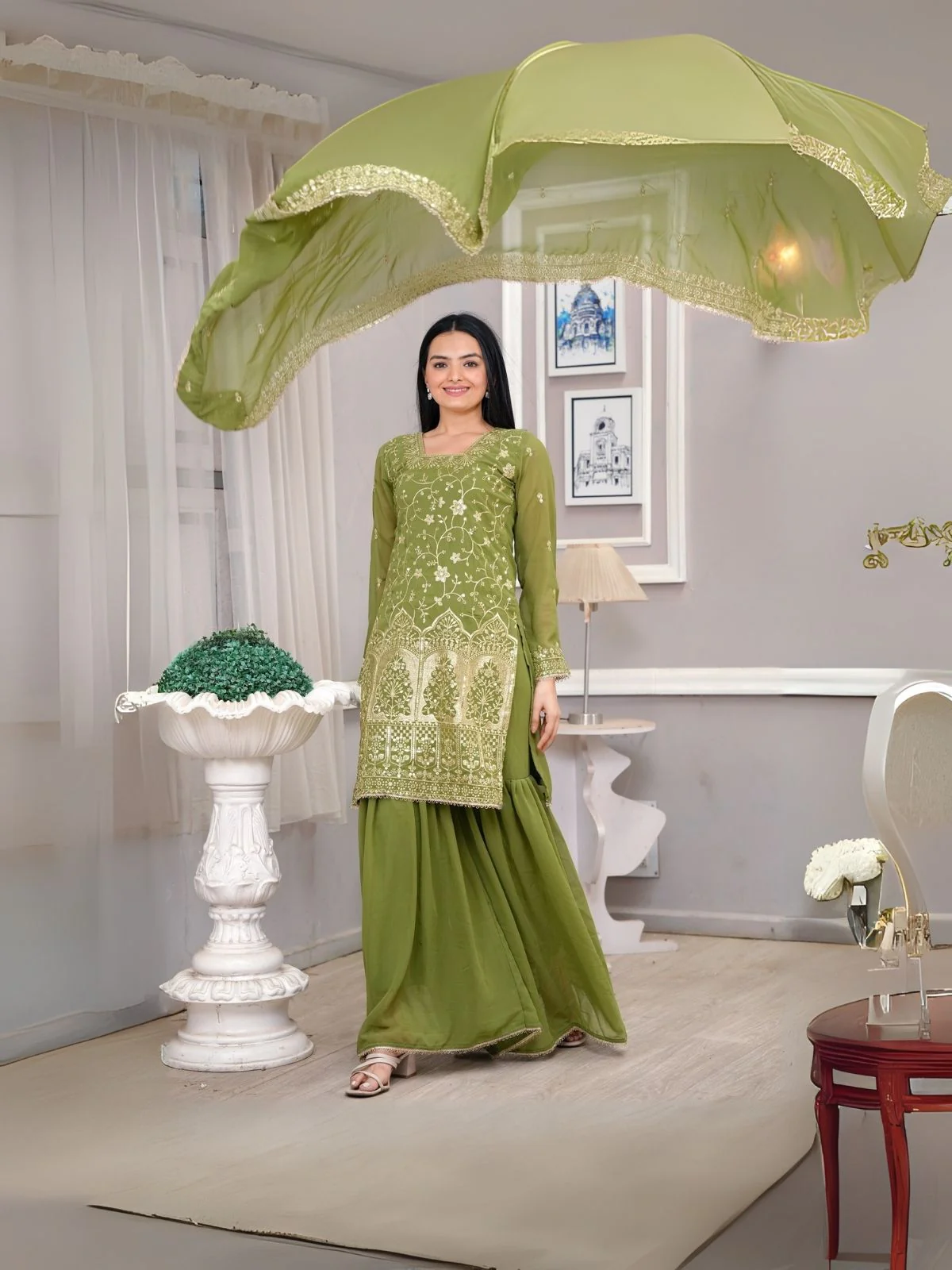 Odette Green Georgette Embroidered Stitched Kurta Set For Women - Image 3