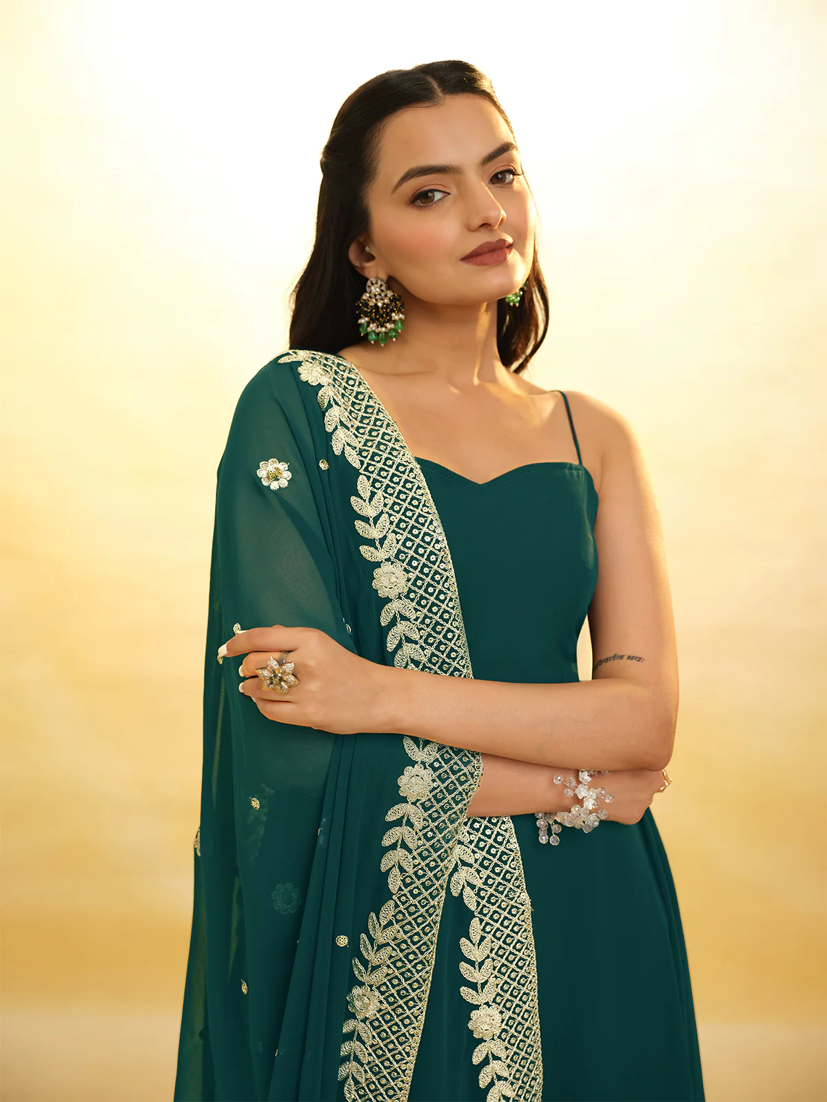 Odette Green Georgette Embroidery Stitched Anarkali With Dupatta For Women - Image 5