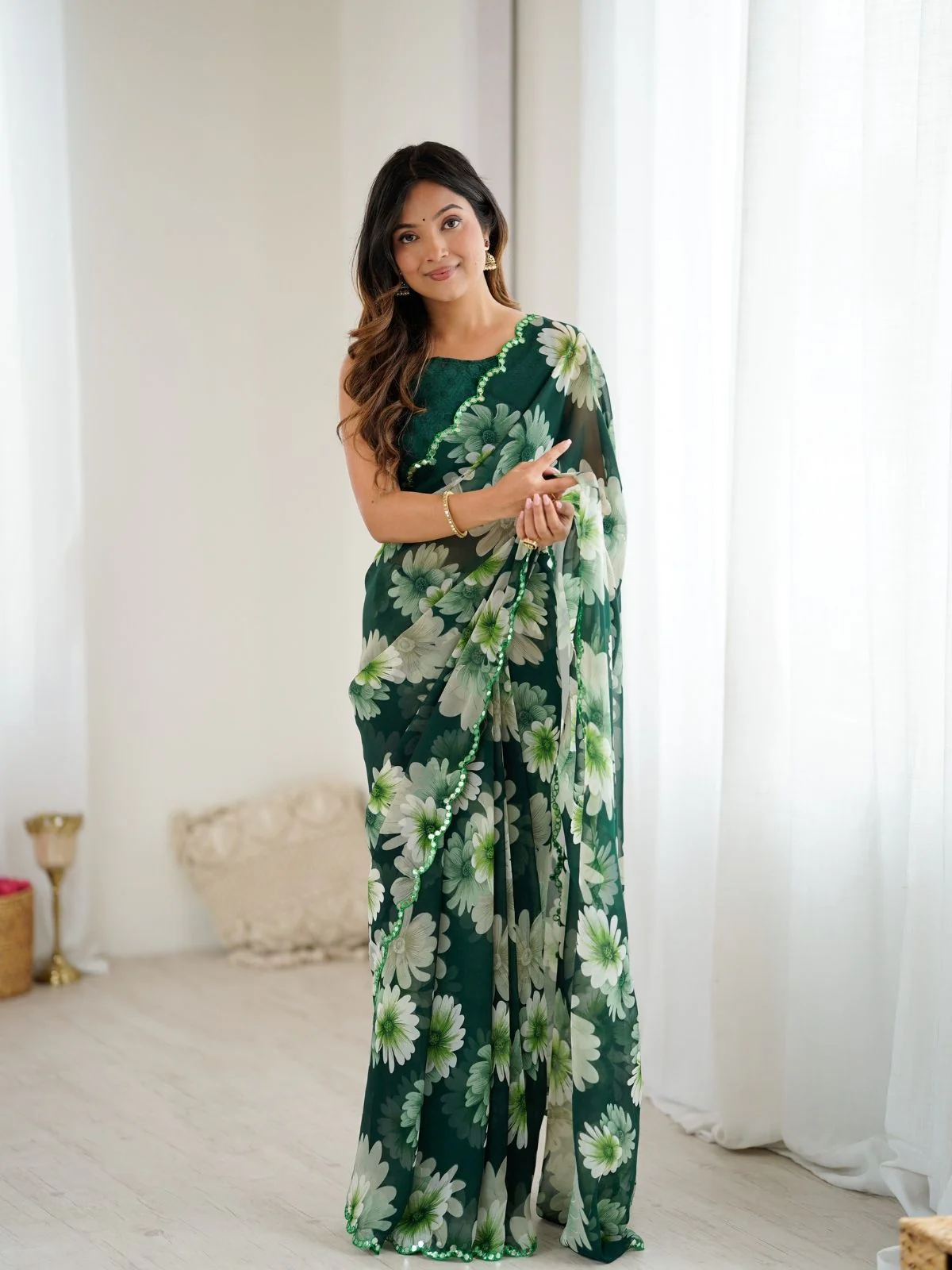 Odette Green Georgette Floral Print Saree For Women