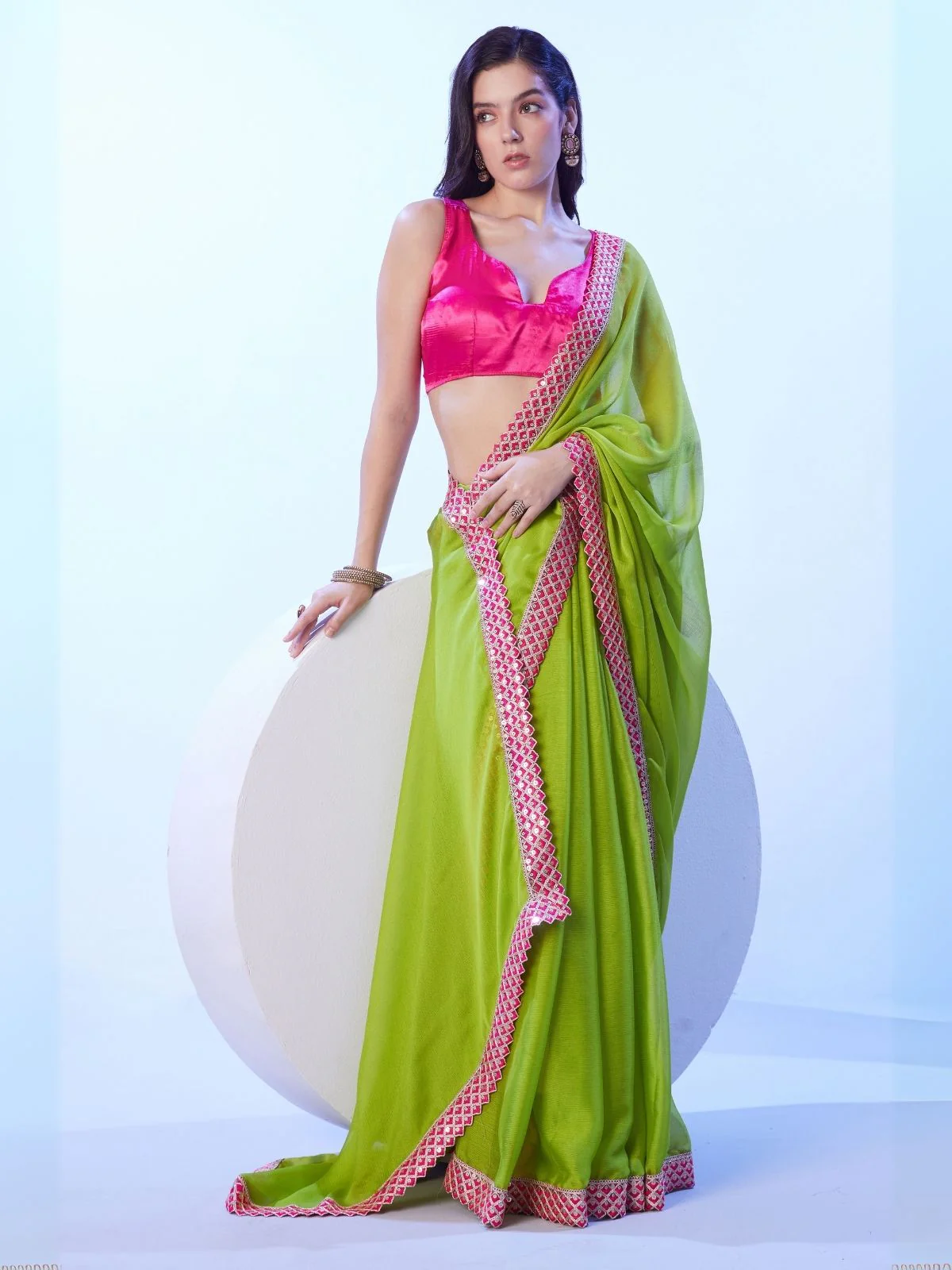 Odette Green Georgette Lace Work Saree With Unstitched Blouse For Women - Image 2